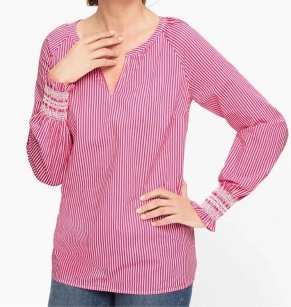 Talbots PXL XL Petite Butterfly Stripe Smocked Cuff Popover Blouse Women Pink